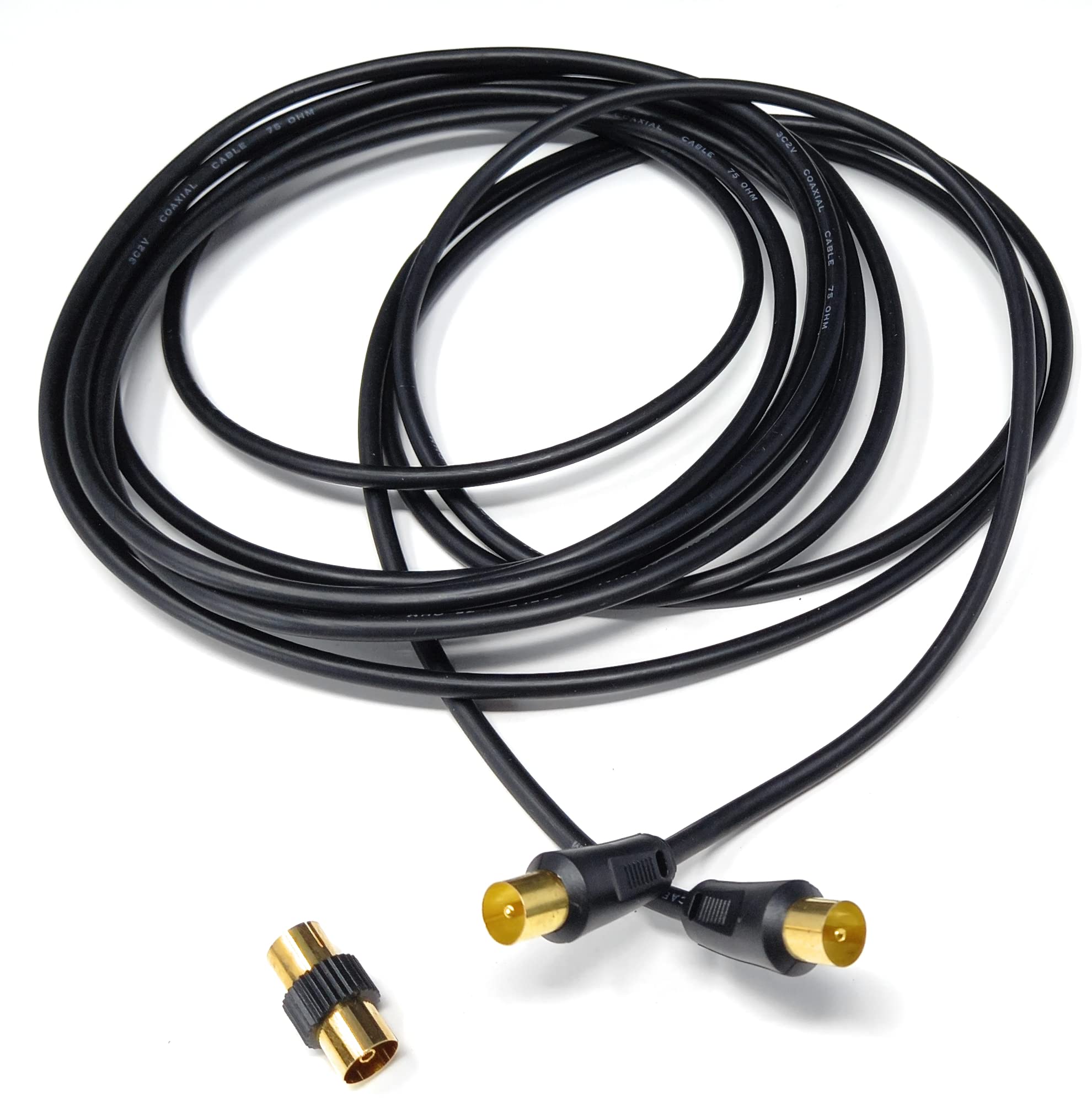 DRUT TV RF Male to Male Aerial Antenna Coaxial Cable With Female to Female Coupler, Gold Connectors 75 ohm, 3C2V