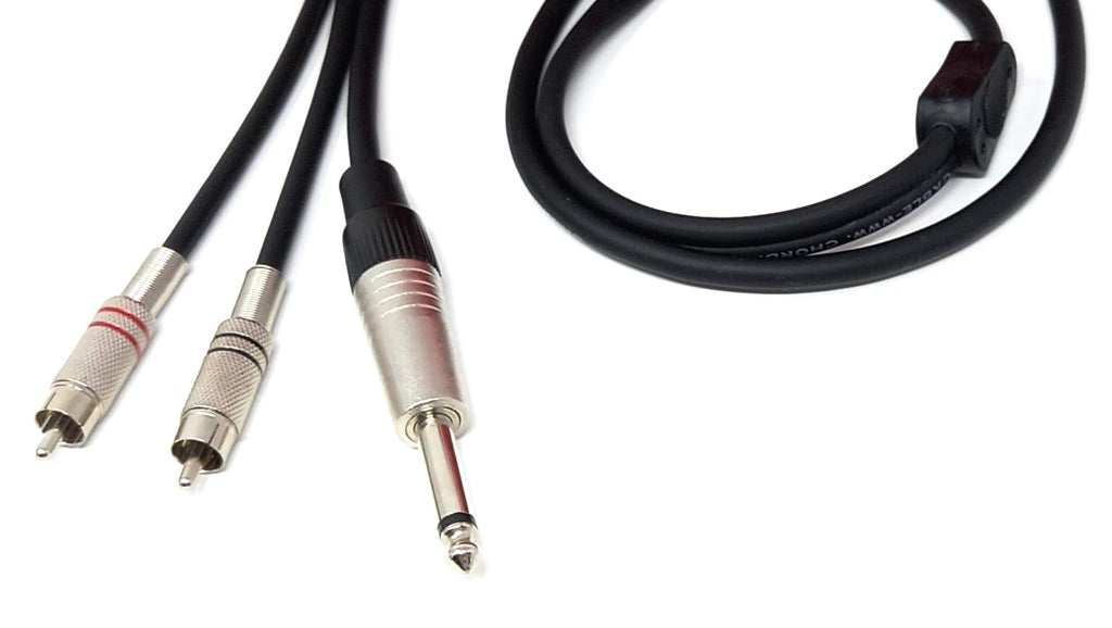 DRUT 3m 6.35mm Mono Jack to 2 x Twin RCA Phono Plugs Shielded Audio Lead, Soft Flexible Rubberised Jacket Cable 10ft