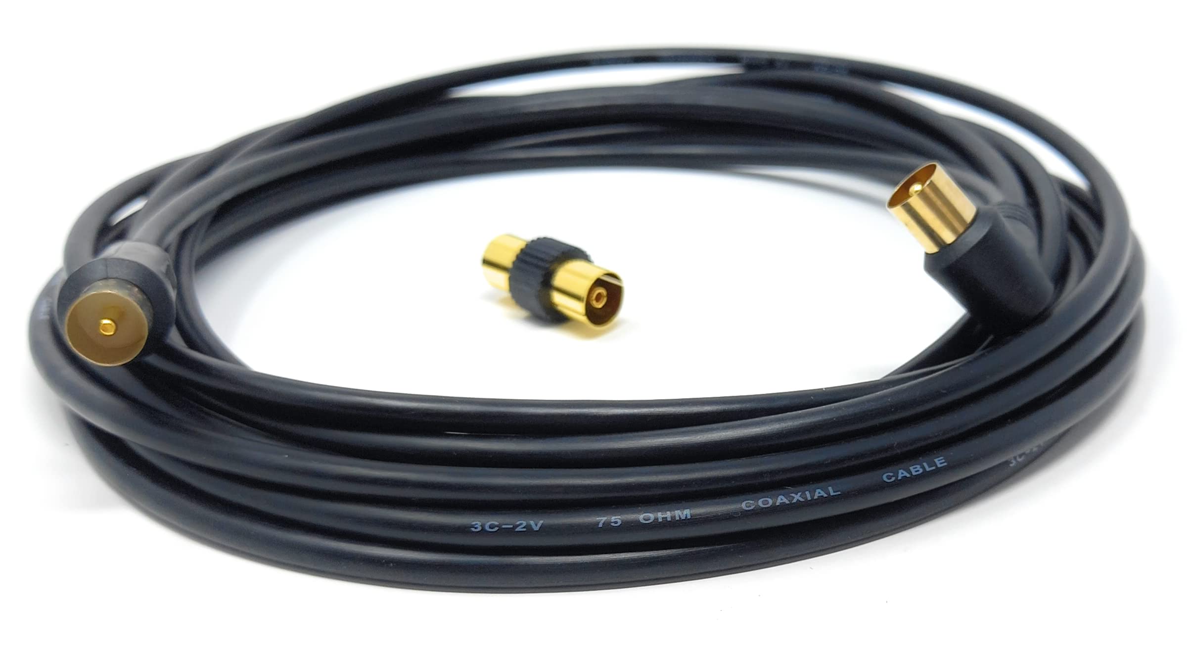 DRUT TV RF Right Angle Male to Male Aerial Antenna Coaxial Cable With Female to Female Coupler Gold Connectors 75 ohm, 3C2V