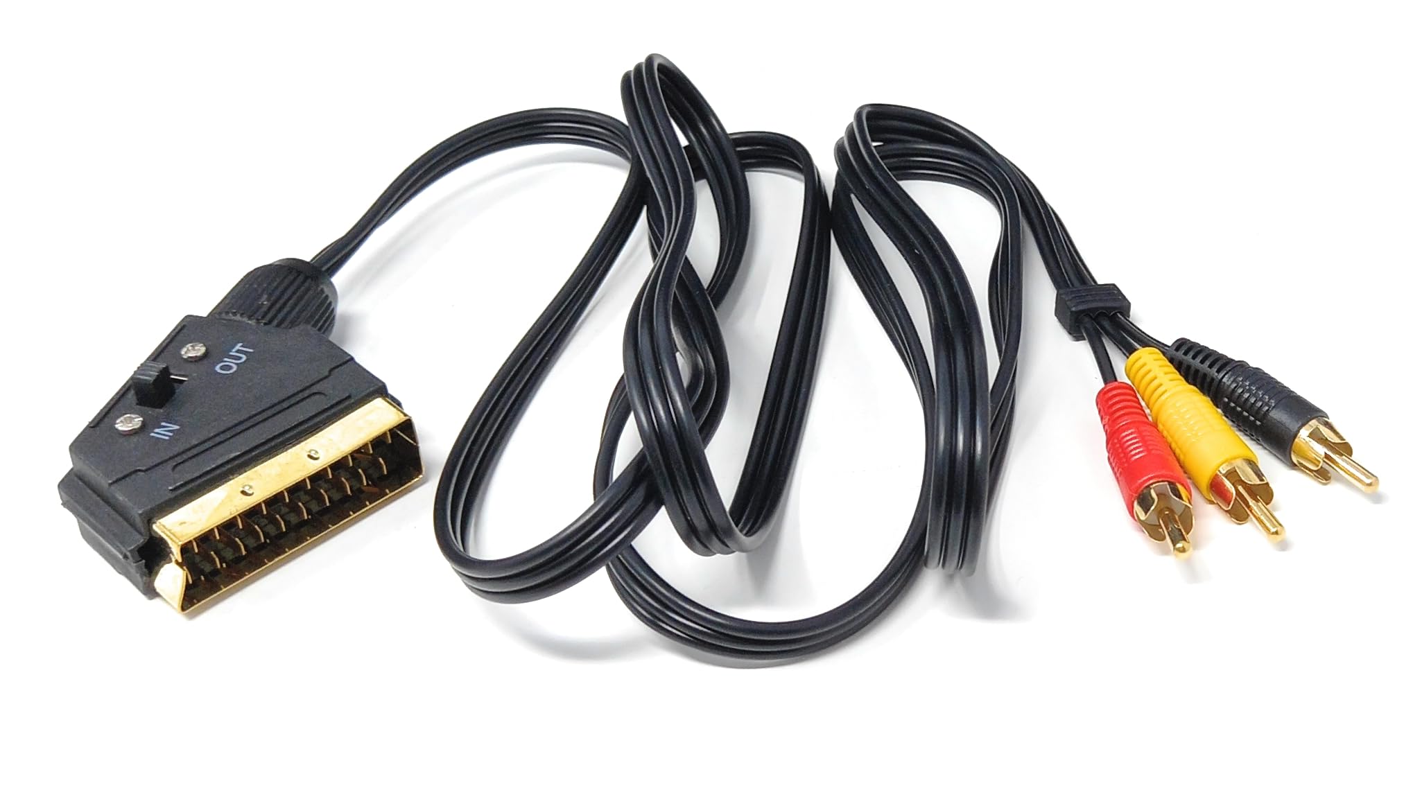 DRUT 1.5m Switchable SCART to 3 x RCA Audio/Video Cable – Compatible with TV, DVD, VCRs, & Game Consoles 5ft