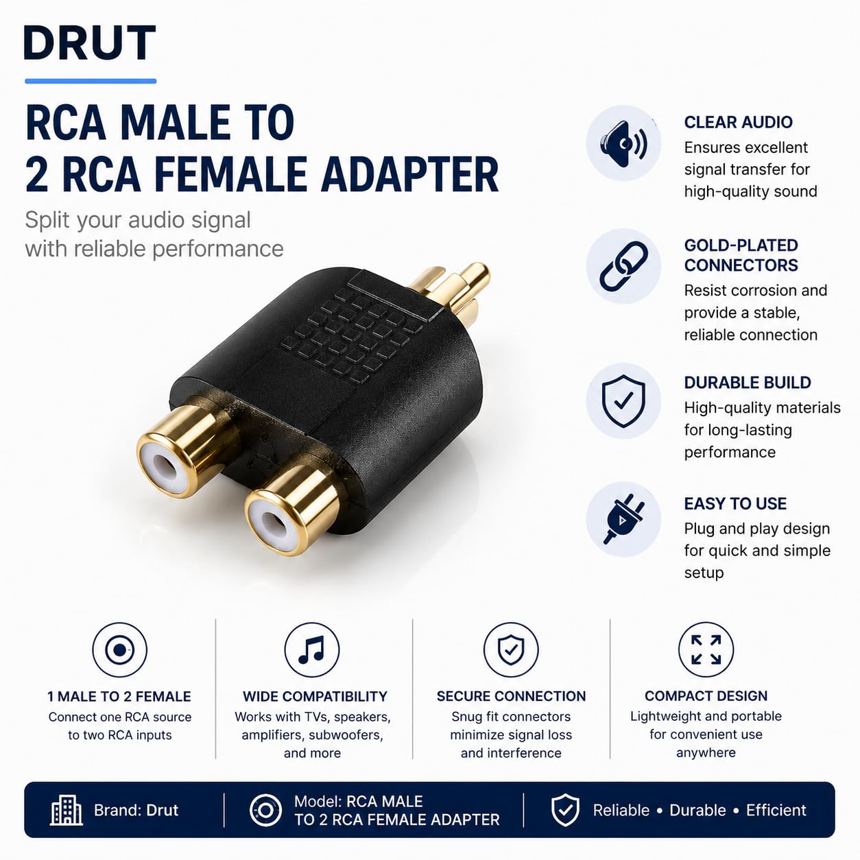 DRUT 2 Phono Sockets to Phono Plug Adapter, Gold Plated RCA Audio Converter, Female to Male AV Connector for Stereo, TV, Amplifier & Audio Equipment
