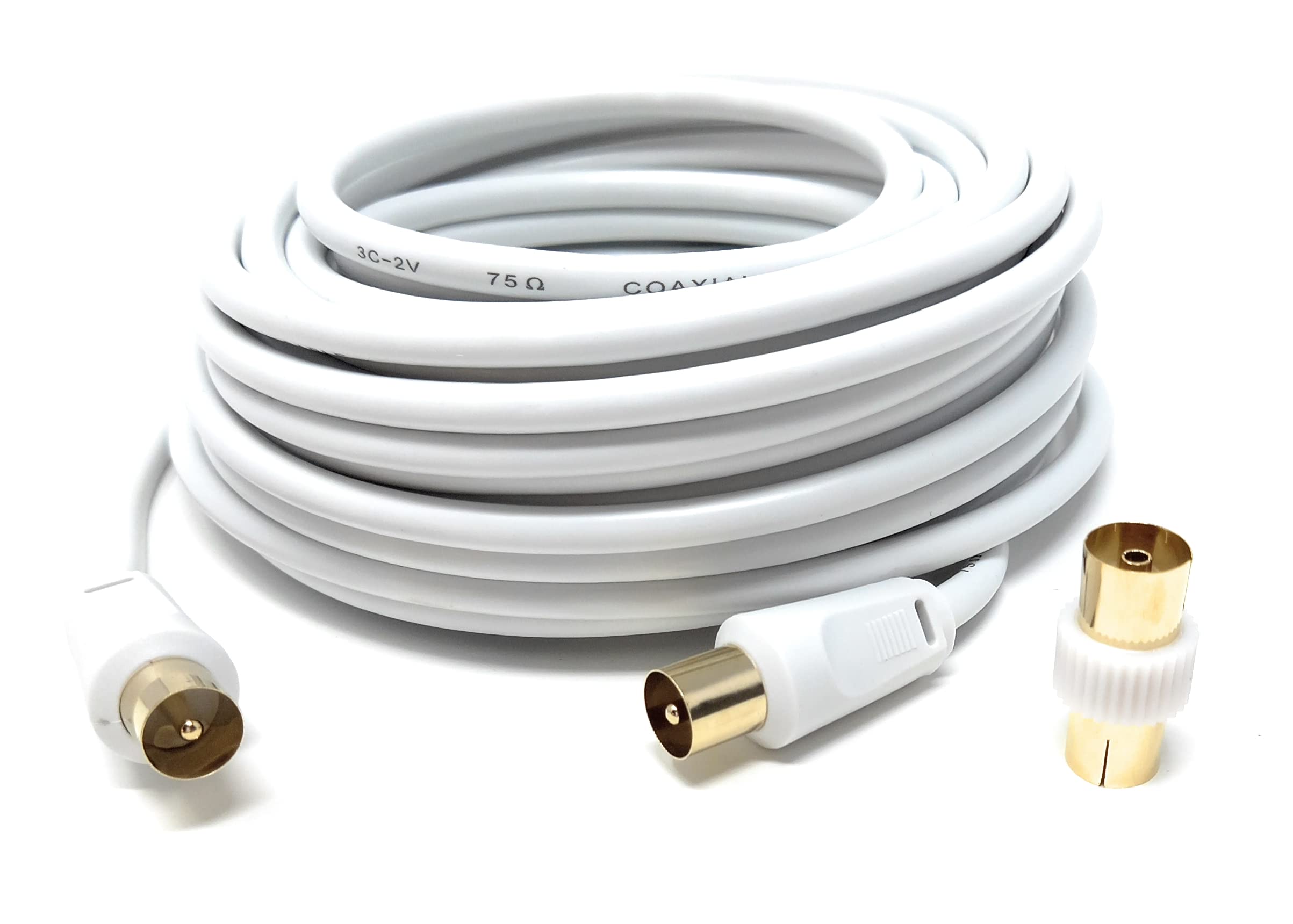 DRUT TV RF Male to Male Aerial Antenna Coaxial Cable With Female to Female Coupler, Gold Connectors 75 ohm, 3C2V