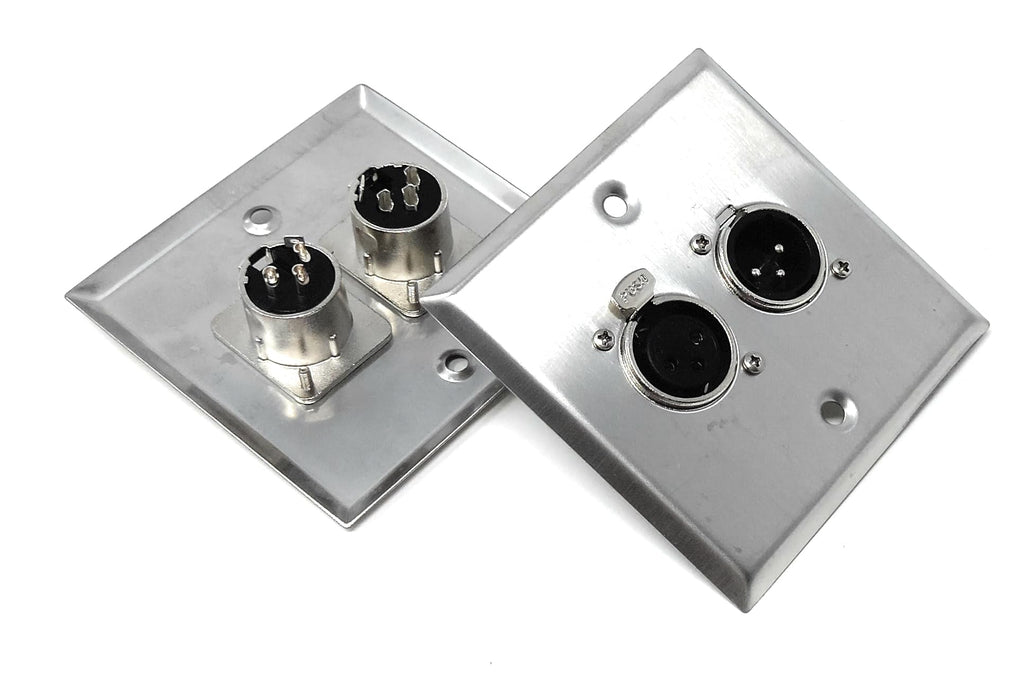 XLR Wall Plate – 3-Pin Single Gang Faceplate with 1 Male & 1 Female Socket, Stainless Steel Audio Panel with Soldering Ends for Mic, Mixer, Speaker & Amplifier
