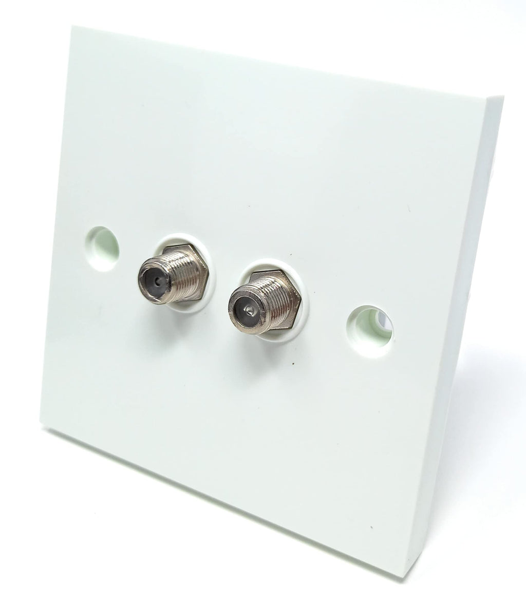 Twin Satellite, TV Outlet F-Type Male Screw Socket Connector, Wall Plate Faceplate, UK Standard, Single Gang, White