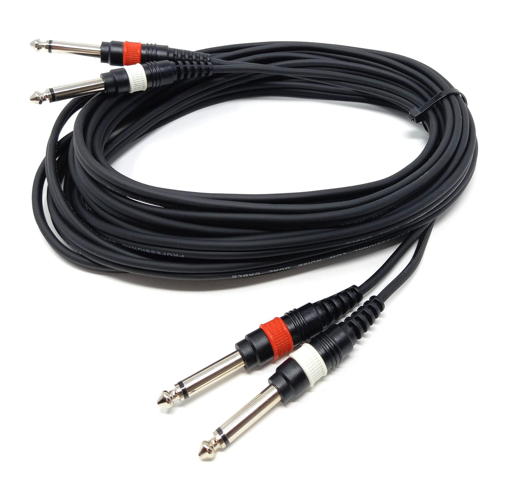 Twin 6.35mm Mono 2 x Jack to 2 x Jack Shielded Cable Lead, Rubber Reliefs, Helical PVC Cord, Nickel Connectors
