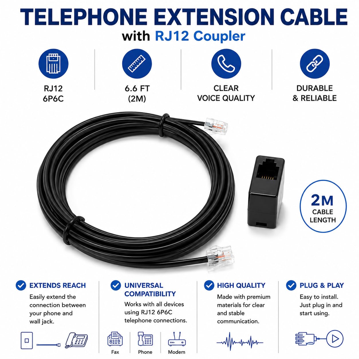 DRUT RJ12 to RJ12 (RJ11) 6-Pin Male to Male Cable with Female Coupler, Gold-Plated Connectors for BT Telephone, Broadband, and Modem Extension