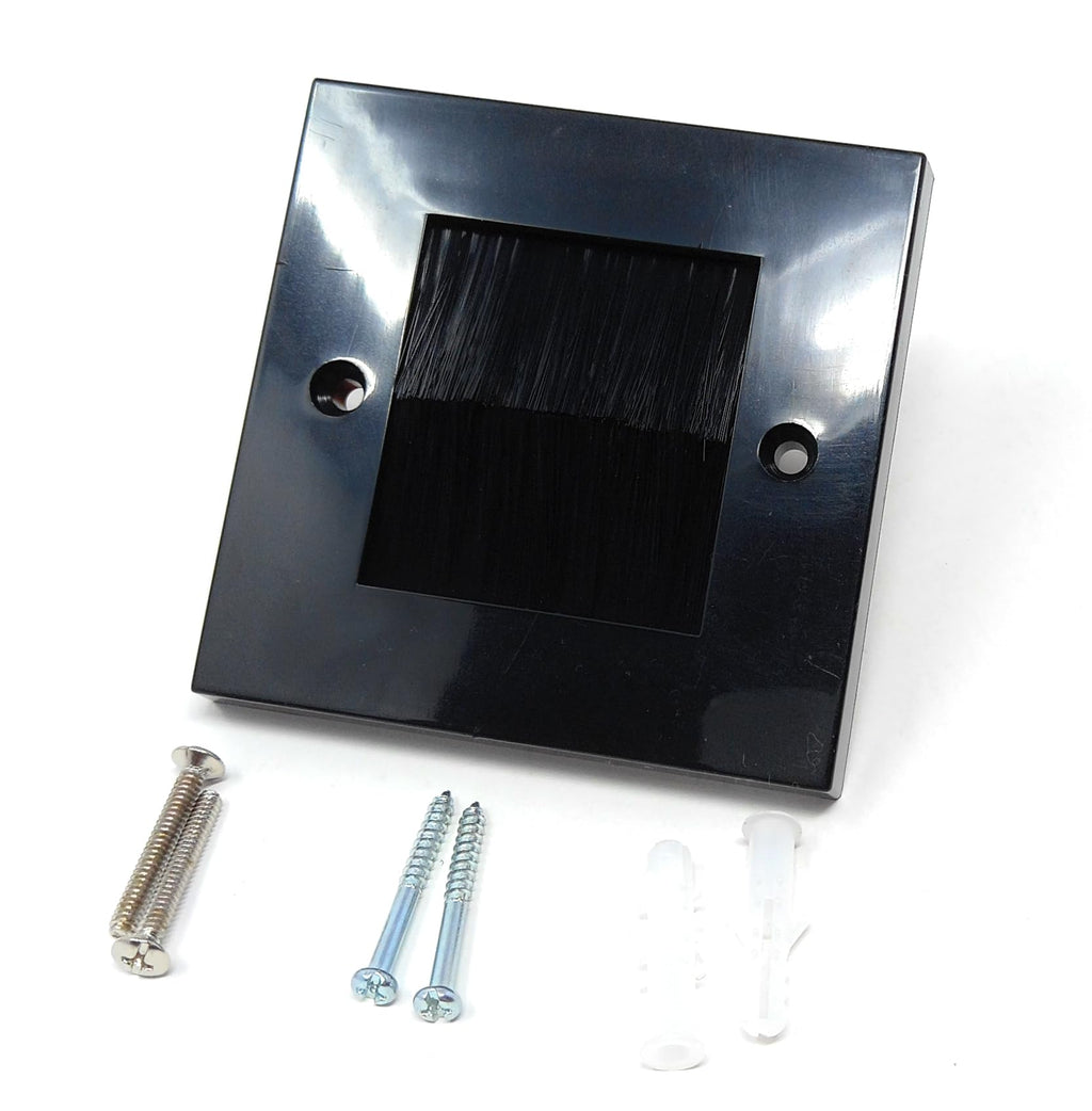 Single Gang Brush Wall Outlet Cable Entry Plate, Tidy Mount Faceplate, Black (Screws Included)