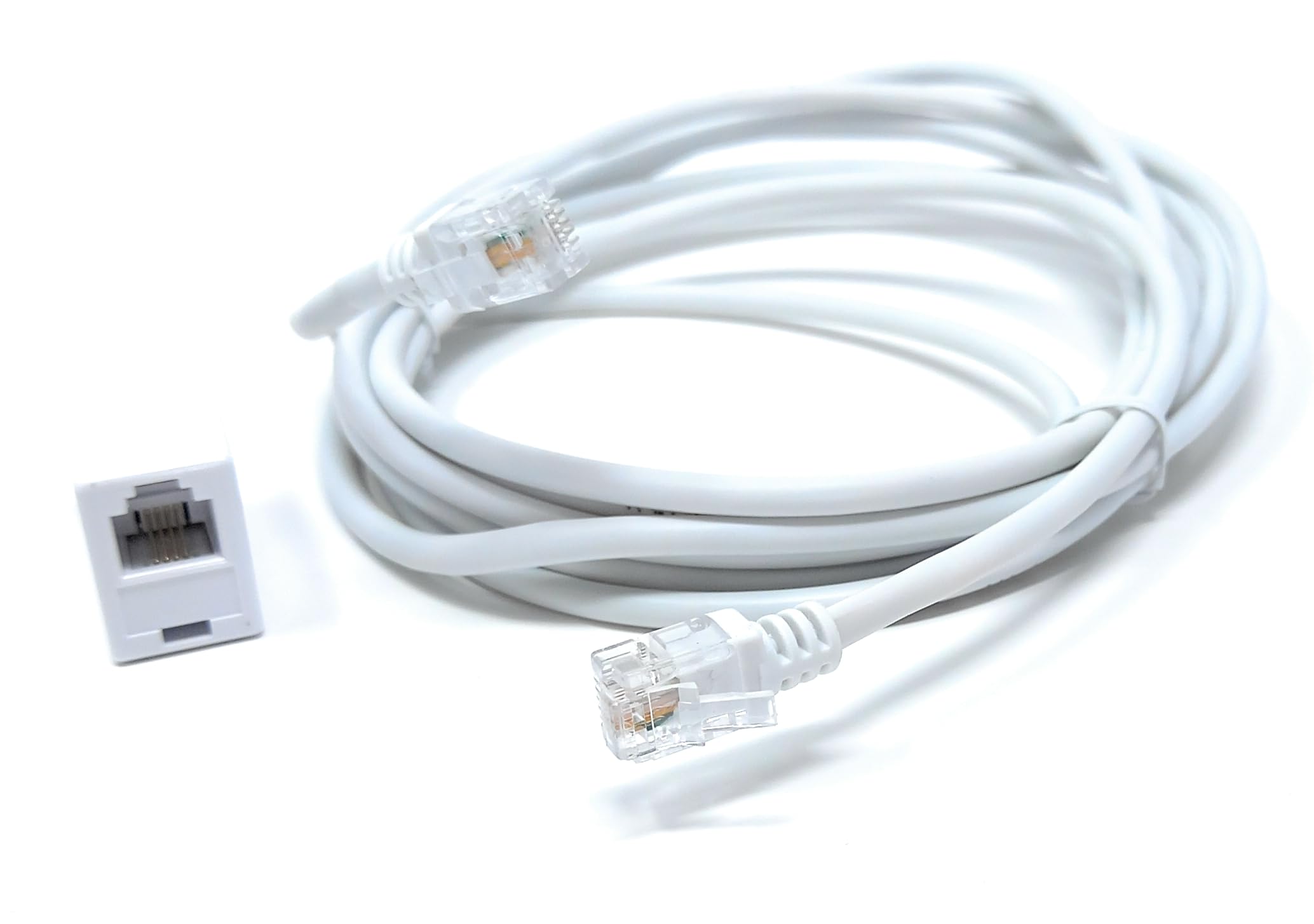 DRUT RJ11 to RJ11 ADSL 2+ Male to Male Cable with Female Coupler, BT Telephone, Broadband, Modem Extension Lead, Gold Plated Connectors