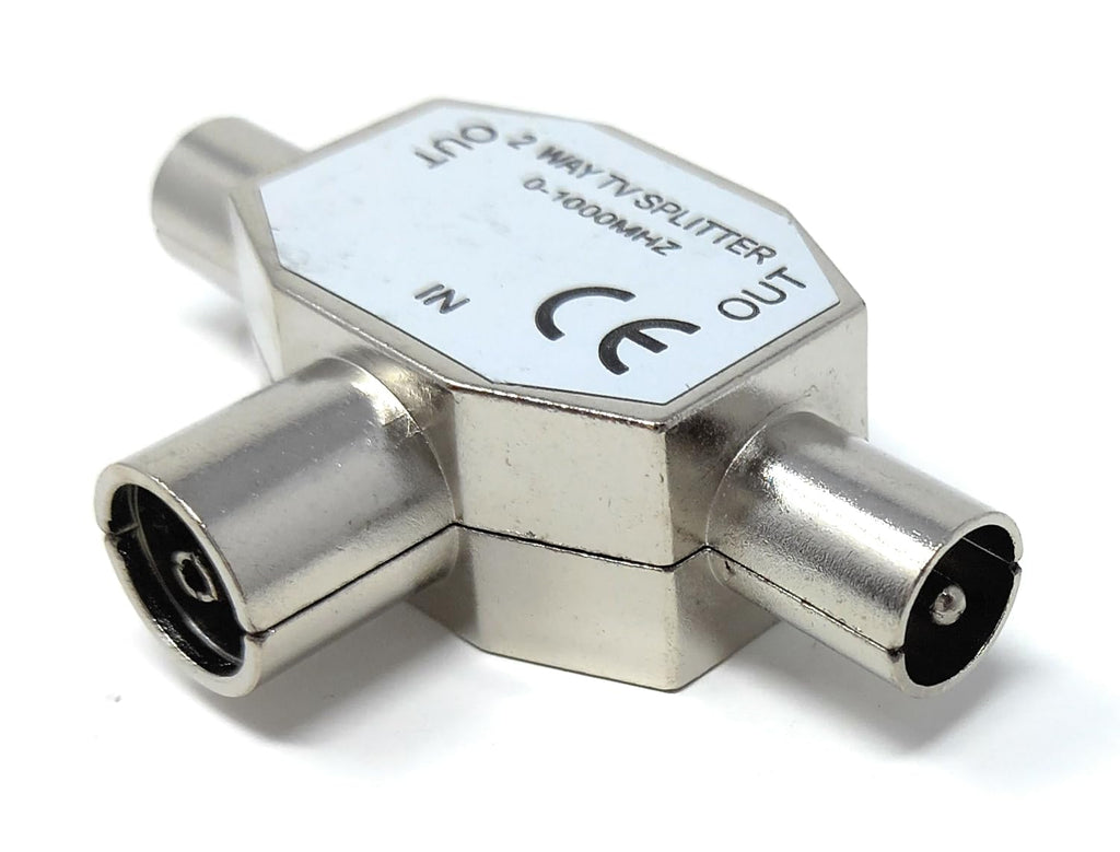 DRUT TV Antenna Adapter Distributor Splitter, 1 Female Socket in 2 Male Out, IEC Coax Cable, Aerial Digital Antenna Adaptor