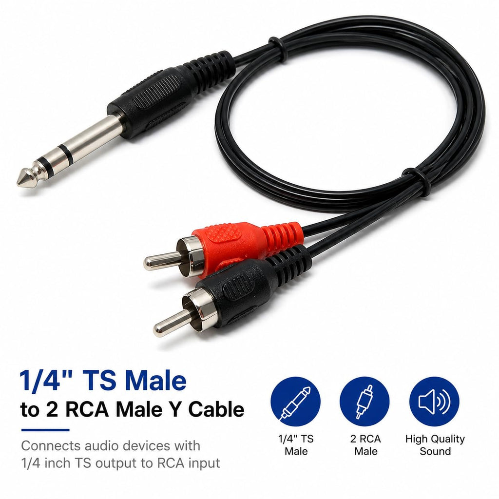 DRUT 6.35mm Stereo Jack to 2 x RCA Phono Plugs Stereo Cable, TRS to RCA Audio, 1/4'' Jack to 2 RCA Male Y Splitter Lead