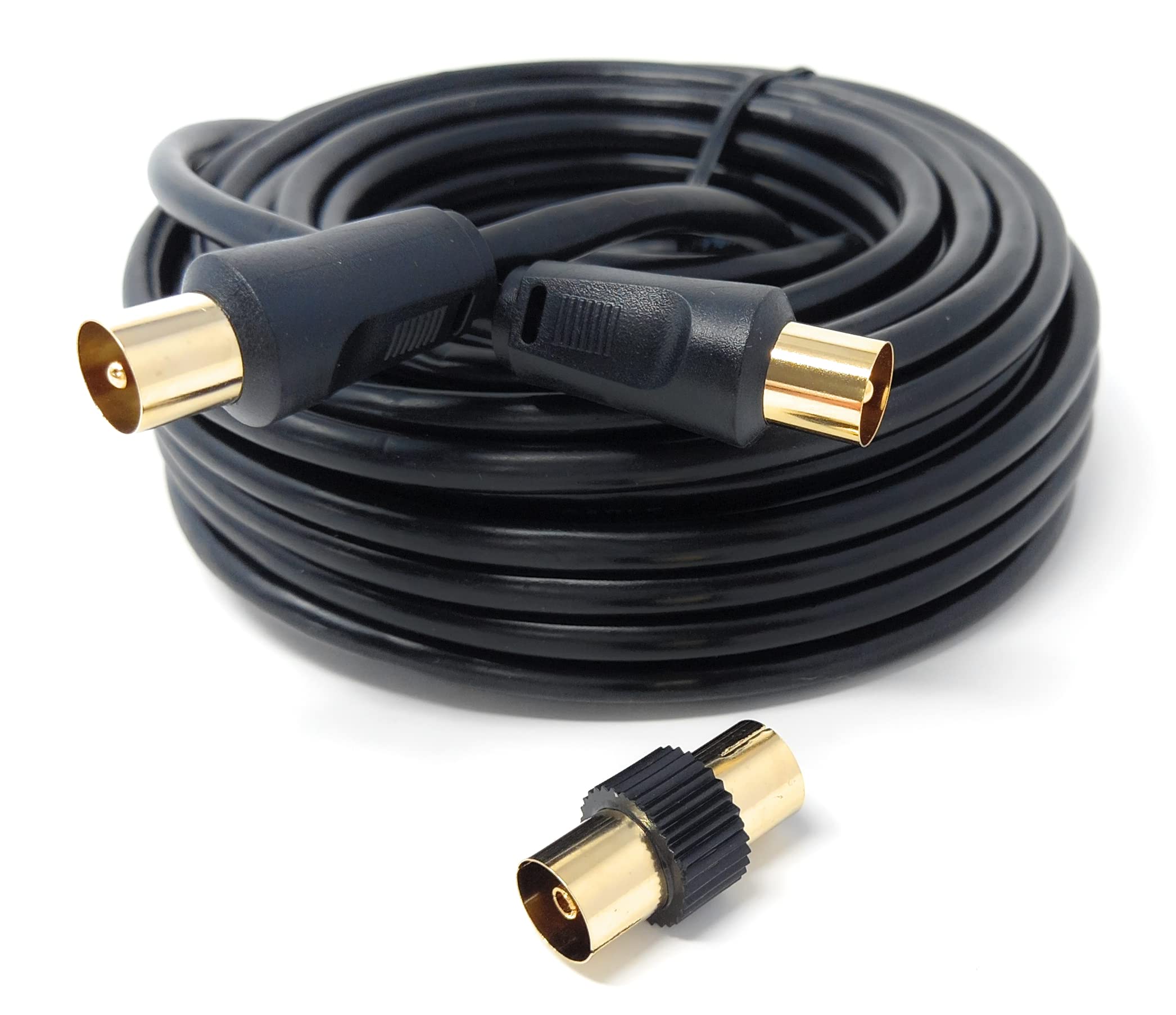 DRUT TV RF Male to Male Aerial Antenna Coaxial Cable With Female to Female Coupler, Gold Connectors 75 ohm, 3C2V