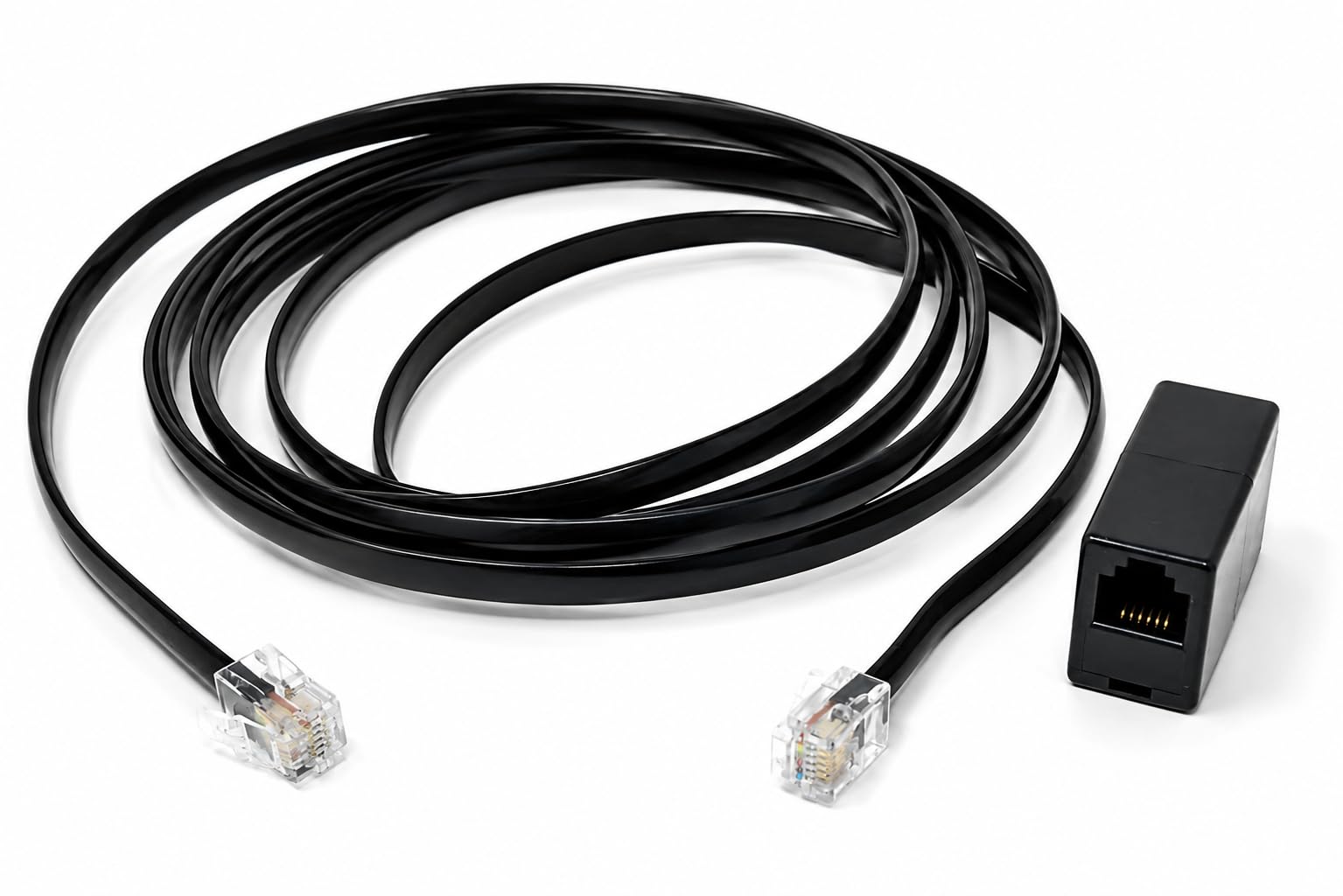 DRUT RJ12 to RJ12 (RJ11) 6-Pin Male to Male Cable with Female Coupler, Gold-Plated Connectors for BT Telephone, Broadband, and Modem Extension