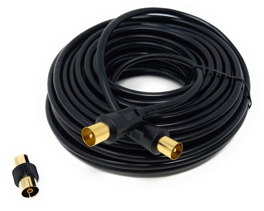 DRUT TV RF Male to Male Aerial Antenna Coaxial Cable With Female to Female Coupler, Gold Connectors 75 ohm, 3C2V