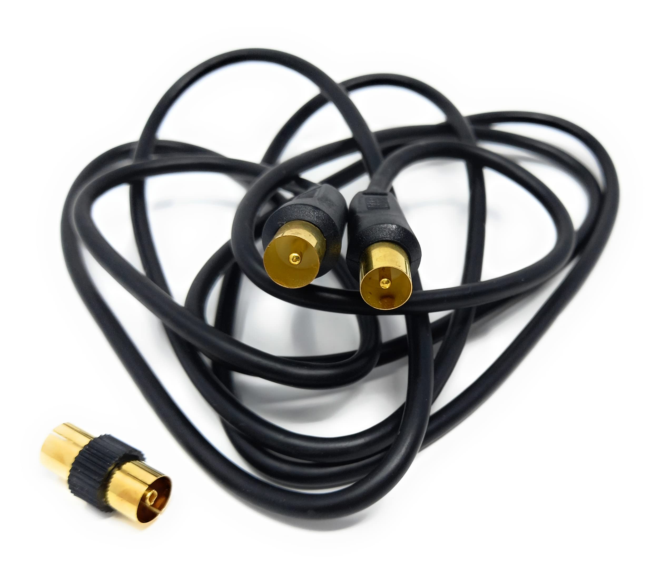 DRUT TV RF Male to Male Aerial Antenna Coaxial Cable With Female to Female Coupler, Gold Connectors 75 ohm, 3C2V