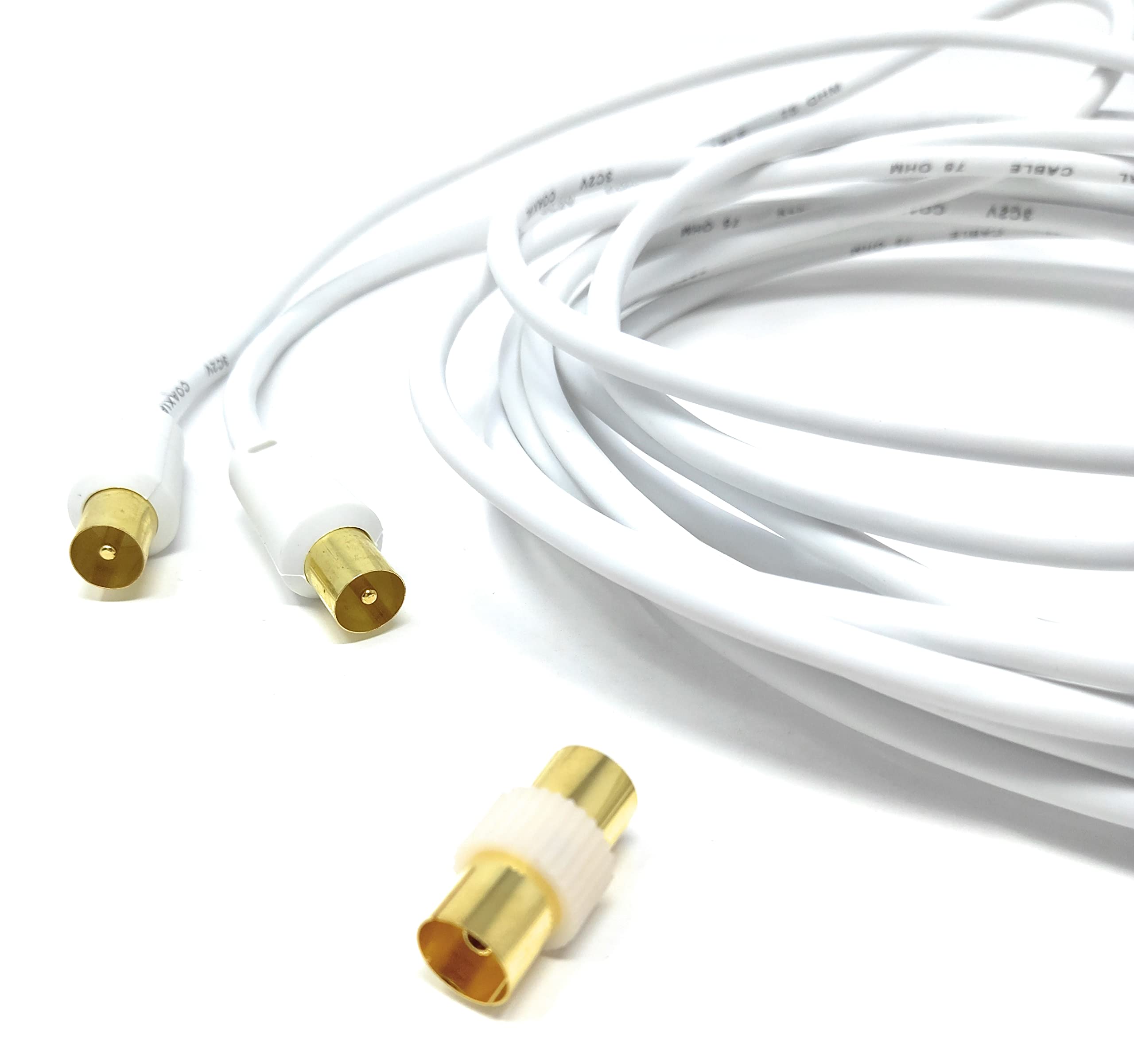 DRUT TV RF Male to Male Aerial Antenna Coaxial Cable With Female to Female Coupler, Gold Connectors 75 ohm, 3C2V