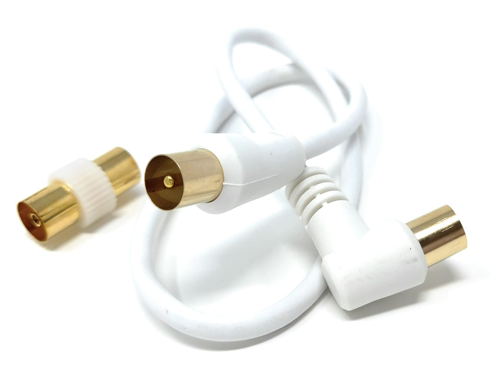 DRUT TV RF Right Angle Male to Male Aerial Antenna Coaxial Cable With Female to Female Coupler Gold Connectors 75 ohm, 3C2V