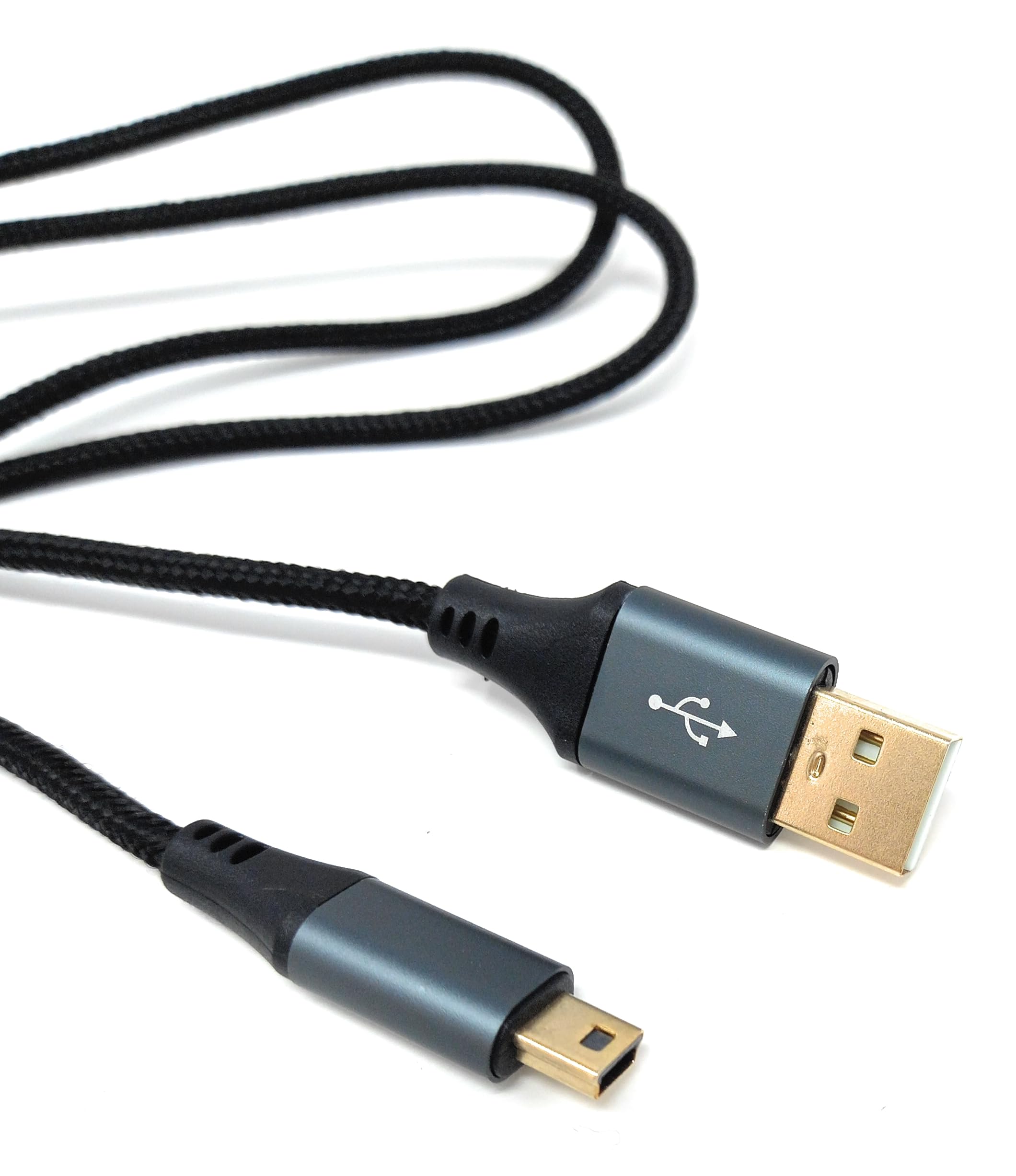 USB 2.0 A to Mini-B 5-Pin Braided Cable – Metal Ends, 24AWG Power & Data Lead, Hi-Speed Transfer