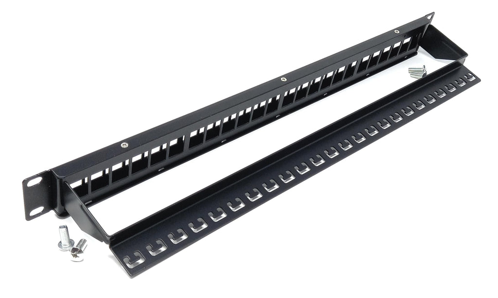 24-Port 1U Blank Patch Panel with Cable Management Bar, Unshielded, 19-Inch Rack Mount, Compatible with Cat6A, Cat5, Cat5e, Cat6, Cat7, Cat8, Cat9 Snap-in Keystone Jacks