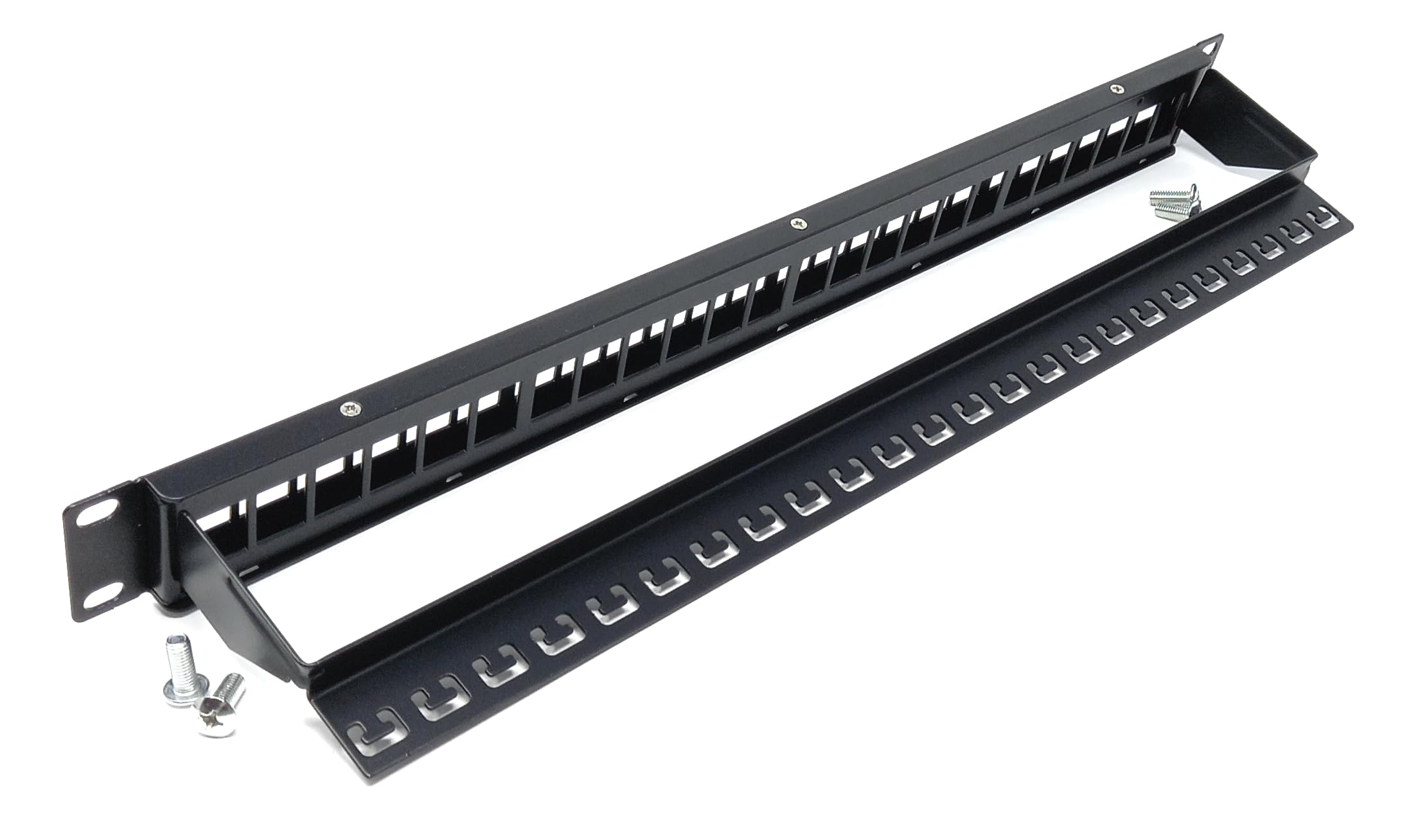 24-Port 1U Blank Patch Panel with Cable Management Bar, Unshielded, 19-Inch Rack Mount, Compatible with Cat6A, Cat5, Cat5e, Cat6, Cat7, Cat8, Cat9 Snap-in Keystone Jacks