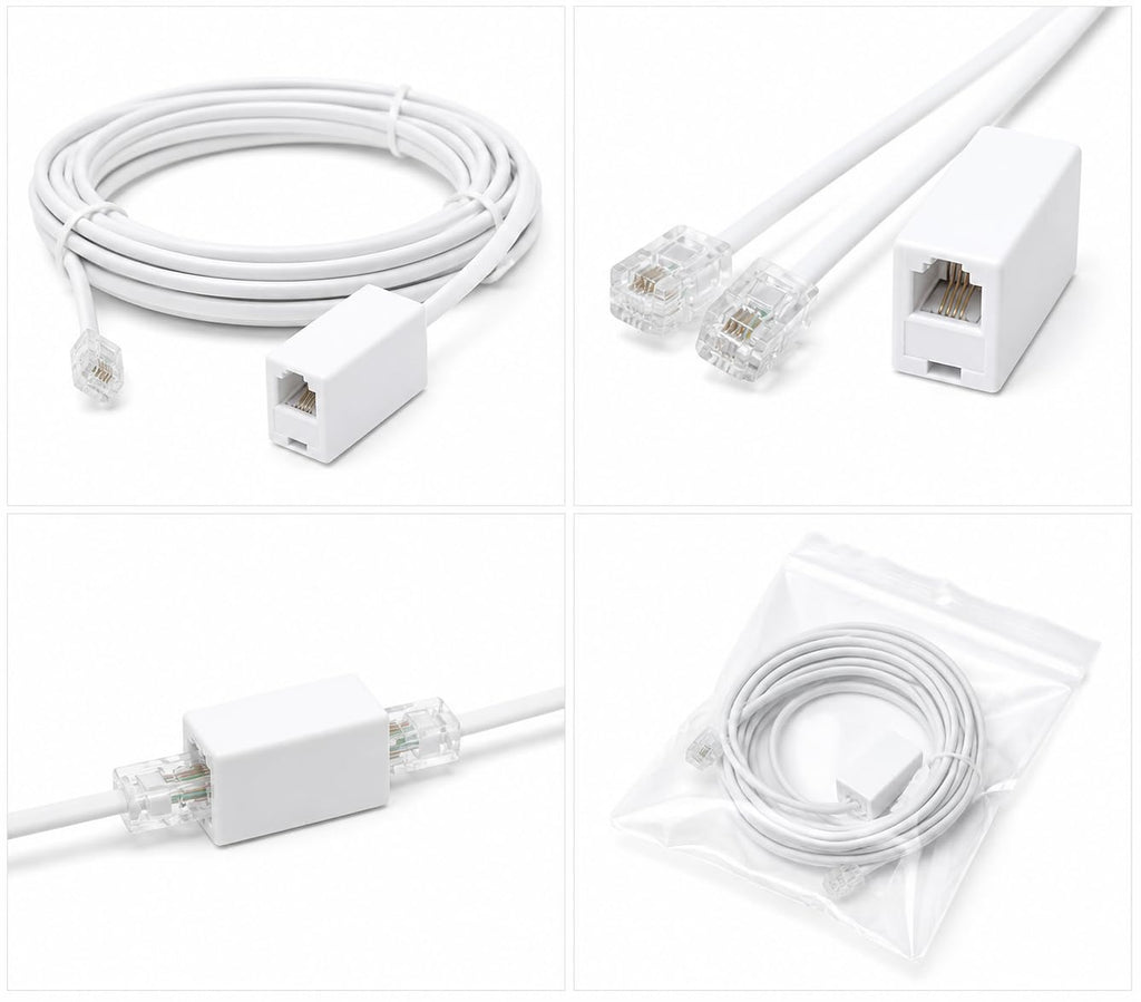 DRUT RJ11 to RJ11 ADSL 2+ Male to Male Cable with Female Coupler, BT Telephone, Broadband, Modem Extension Lead, Gold Plated Connectors