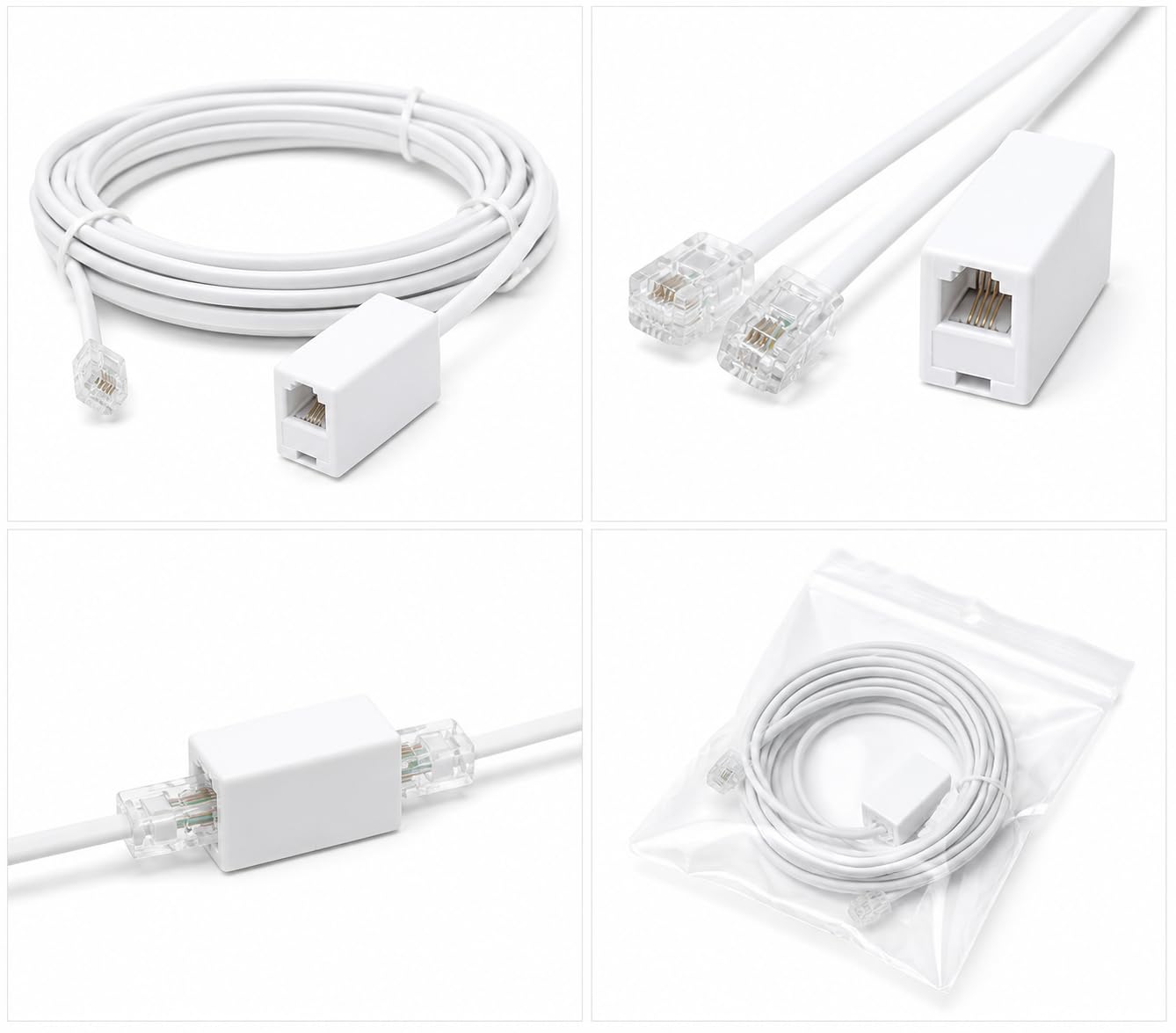 DRUT RJ11 to RJ11 ADSL 2+ Male to Male Cable with Female Coupler, BT Telephone, Broadband, Modem Extension Lead, Gold Plated Connectors