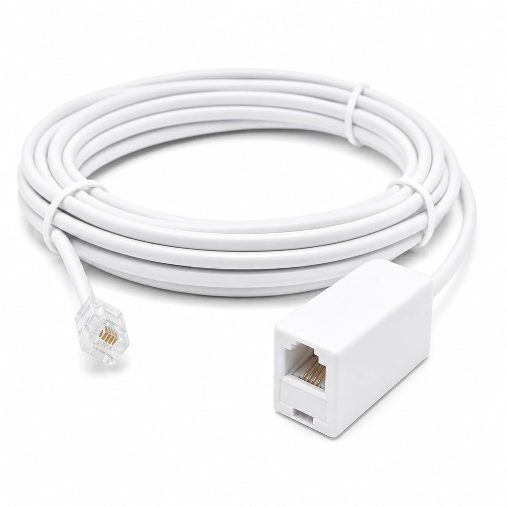 DRUT RJ11 to RJ11 ADSL 2+ Male to Male Cable with Female Coupler, BT Telephone, Broadband, Modem Extension Lead, Gold Plated Connectors