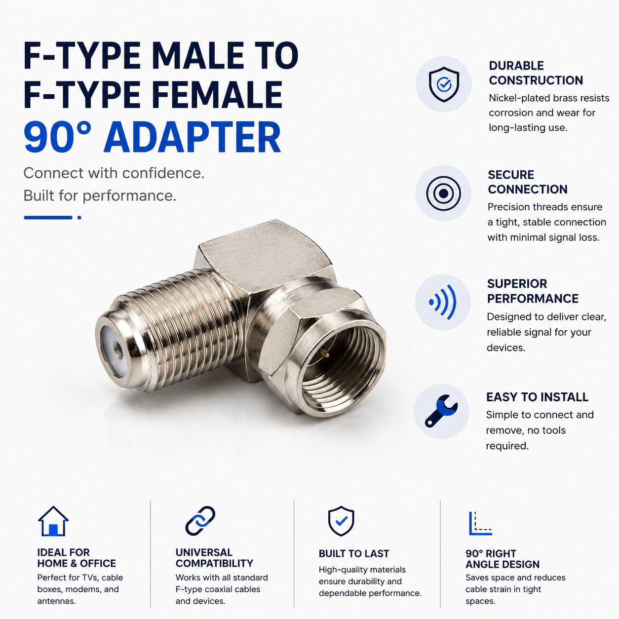 DRUT F Type Socket to Right Angle Male Plug Coupler Adapter, 90 Degree Coaxial RF Connector for TV, Satellite, Aerial and Cable Installations