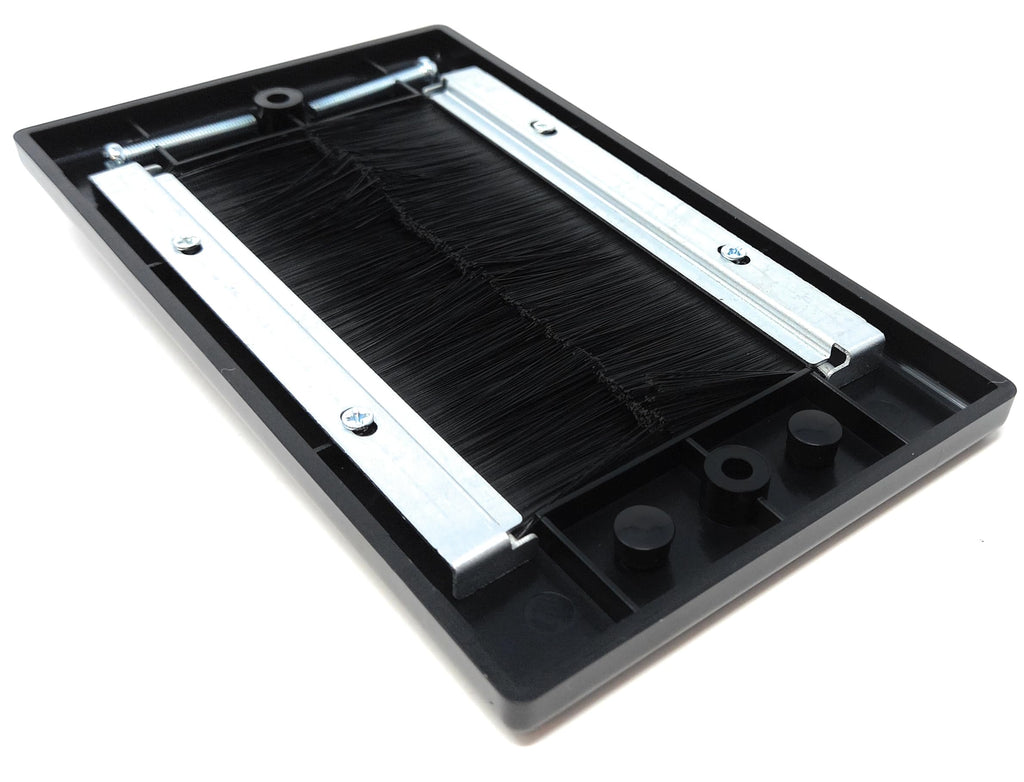 Dual Gang Brush Wall Outlet Cable Entry Plate, Tidy Mount Faceplate, Black (Screws Included)