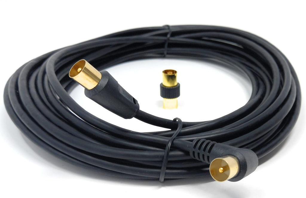 DRUT TV RF Right Angle Male to Male Aerial Antenna Coaxial Cable With Female to Female Coupler Gold Connectors 75 ohm, 3C2V