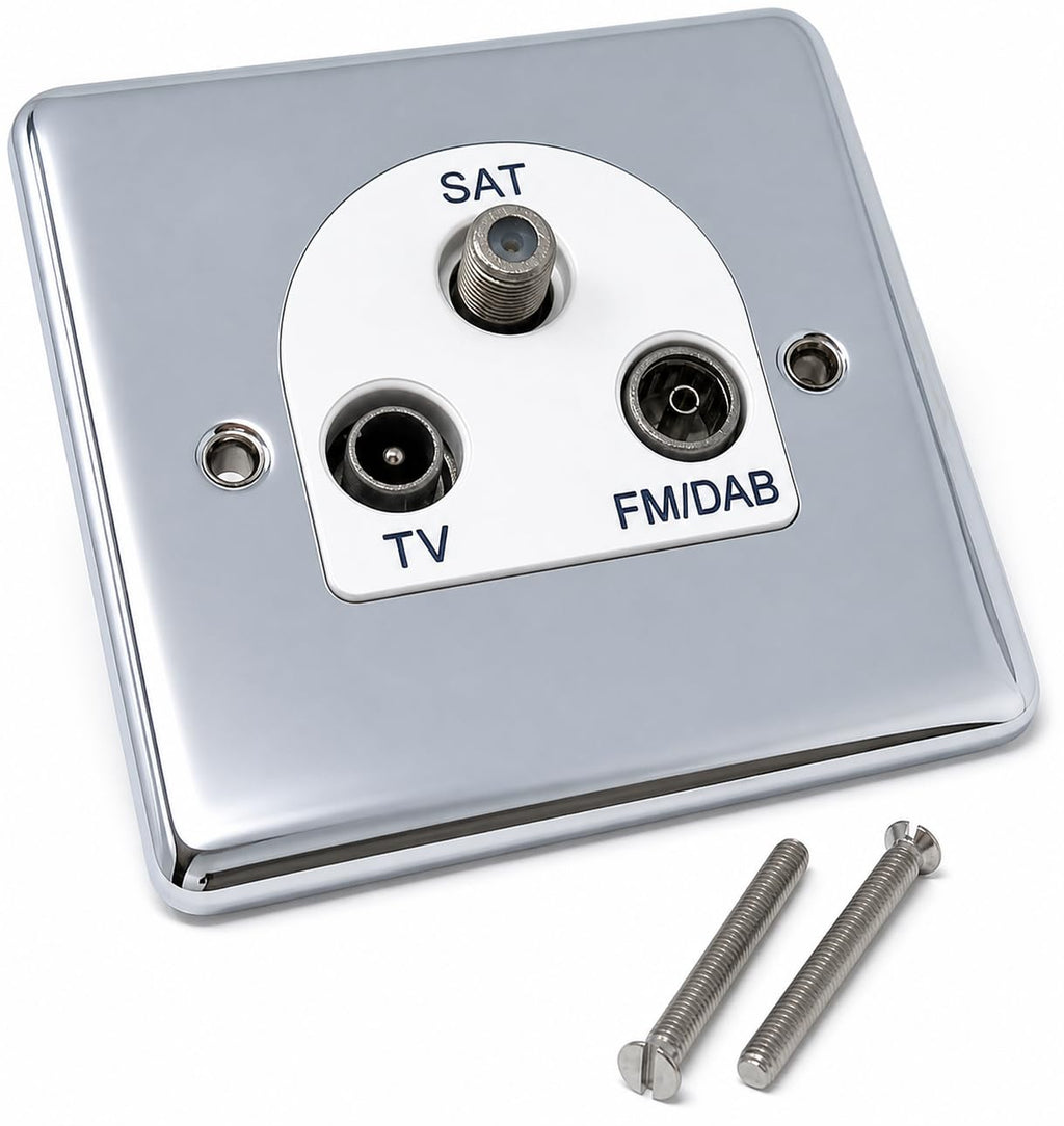 TV, DAB/FM, Satellite Socket Triplexer Outlet Cover Faceplate, Polished Chrome