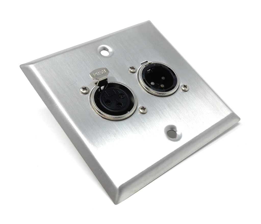 XLR Wall Plate – 3-Pin Single Gang Faceplate with 1 Male & 1 Female Socket, Stainless Steel Audio Panel with Soldering Ends for Mic, Mixer, Speaker & Amplifier