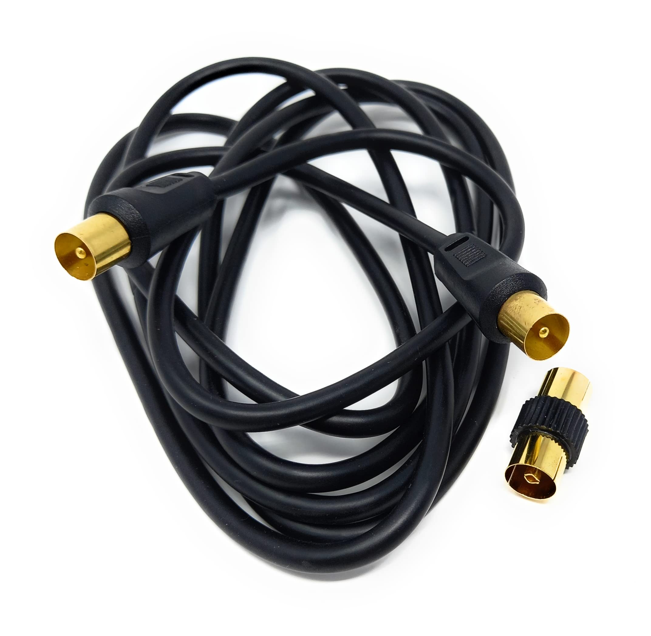 DRUT TV RF Male to Male Aerial Antenna Coaxial Cable With Female to Female Coupler, Gold Connectors 75 ohm, 3C2V