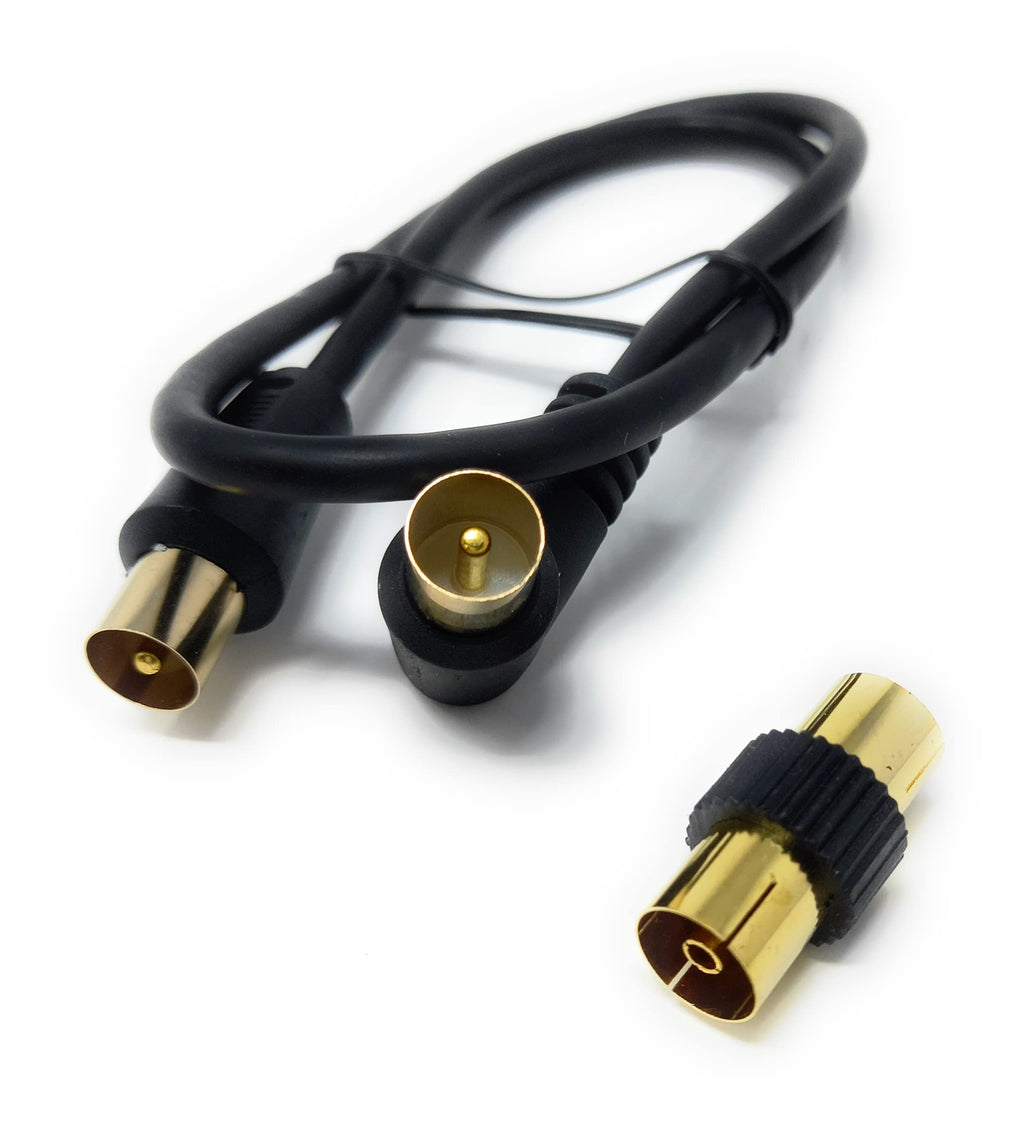 DRUT TV RF Right Angle Male to Male Aerial Antenna Coaxial Cable With Female to Female Coupler Gold Connectors 75 ohm, 3C2V