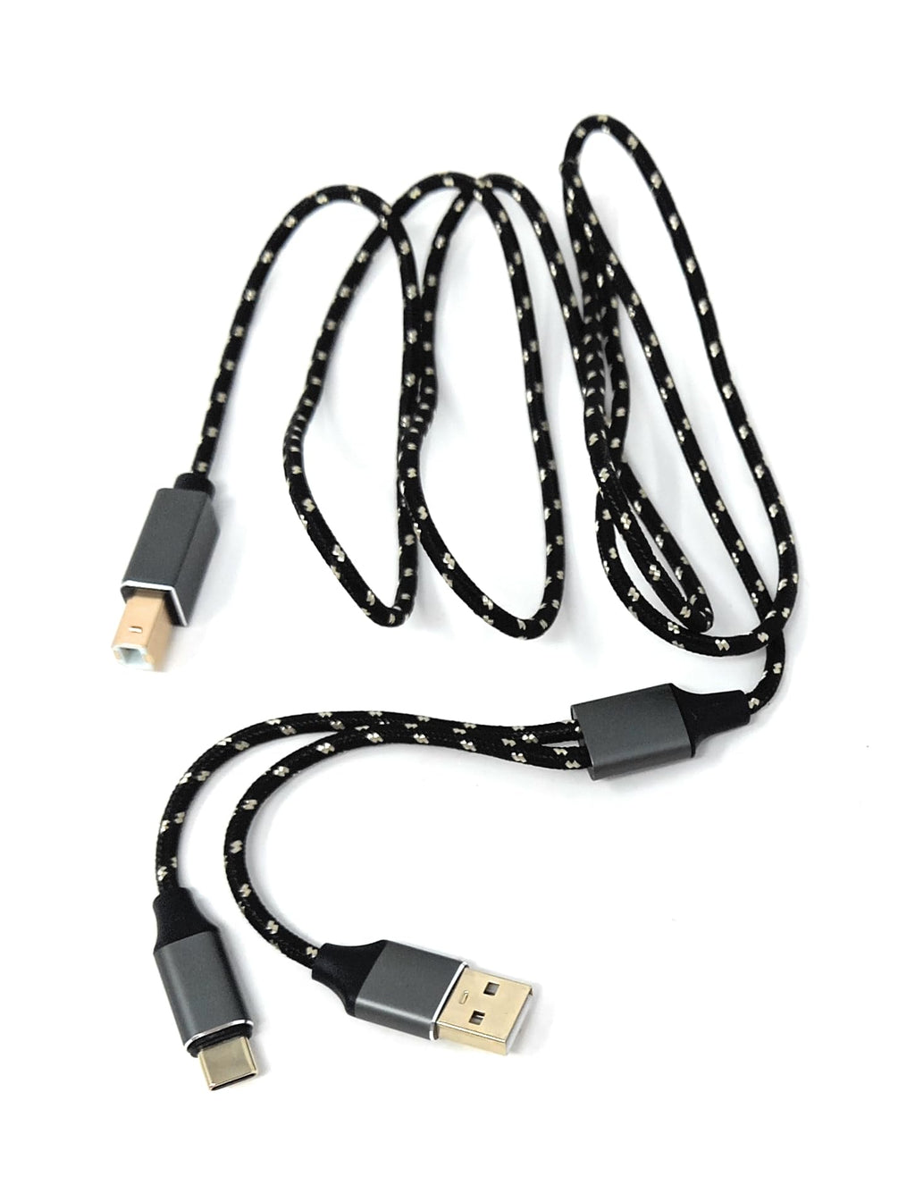 DRUT 1m USB B to (USB C & A) MIDI Interface 2in1 Braided Cable – MIDI In/Out Adapter for Keyboard, Controller, Synth, Audio Interface – Plug & Play Recording Cable
