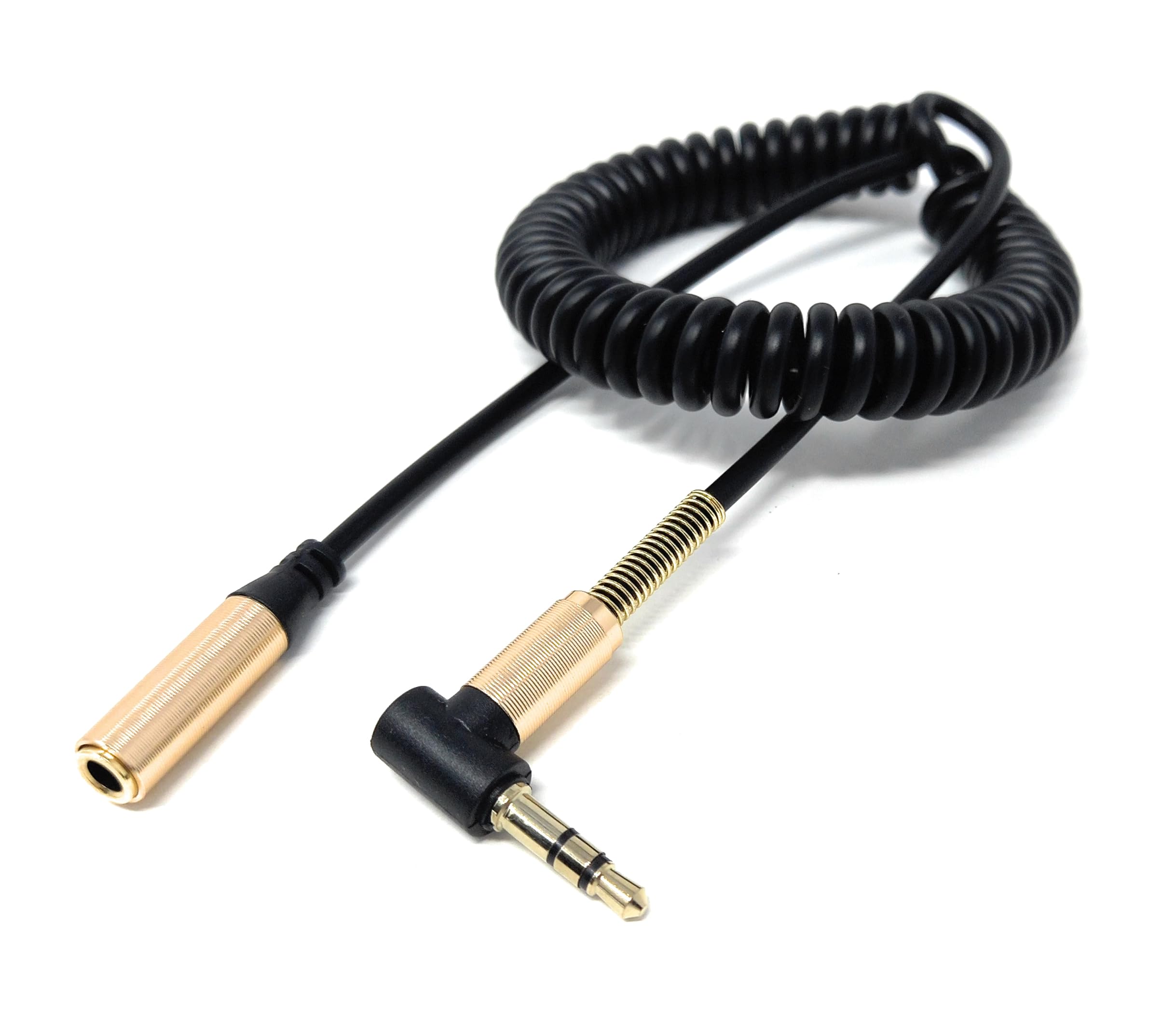 DRUT 1.5m 3.5mm Aux Coiled Extension Cable, Right Angle Male to Female, Audio Stereo Lead 5ft