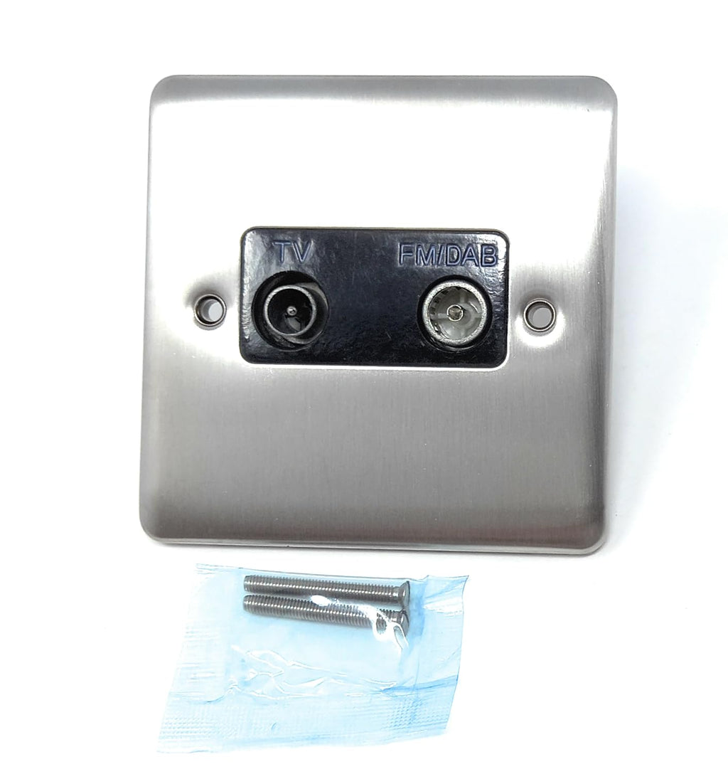 TV Aerial, Freeview RF & DAB/FM Radio Socket Wall Faceplate Stainless Steel 1 Gang