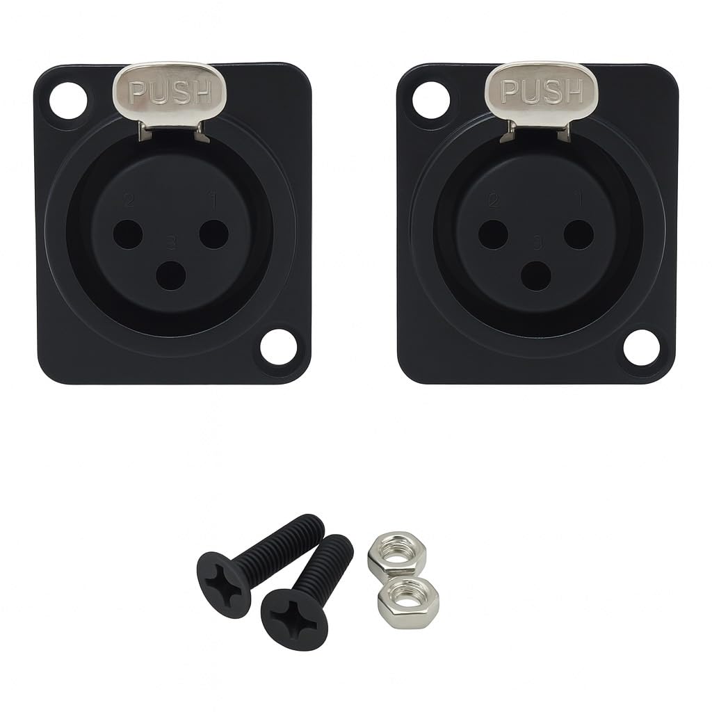 XLR 3-Pin Female Chassis Panel Mount Connector, D Series, Audio Equipment, with Push Button, for DJ Mixers, Studio, PA Systems, Microphone Cables, with Mounting Hardware Screws