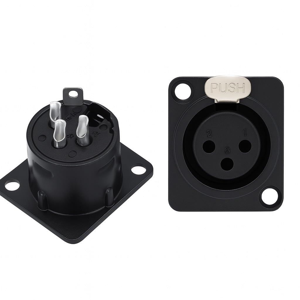 XLR 3-Pin Female Chassis Panel Mount Connector, D Series, Audio Equipment, with Push Button, for DJ Mixers, Studio, PA Systems, Microphone Cables, with Mounting Hardware Screws