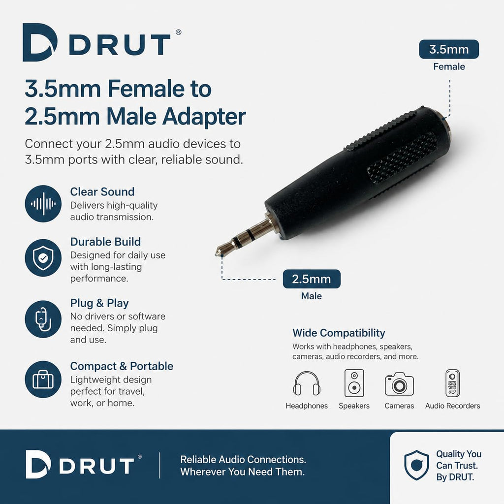 DRUT 2.5mm Stereo Jack to 3.5mm Socket Audio Adapter Cable, Male to Female 3 Pin AUX Converter for Headphones, Speakers, Car Audio & Portable Devices