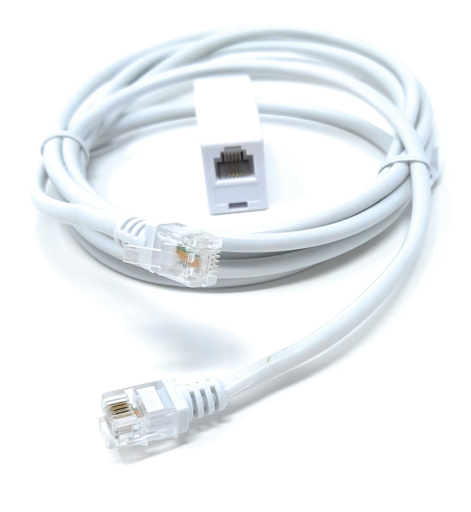 DRUT RJ11 to RJ11 ADSL 2+ Male to Male Cable with Female Coupler, BT Telephone, Broadband, Modem Extension Lead, Gold Plated Connectors