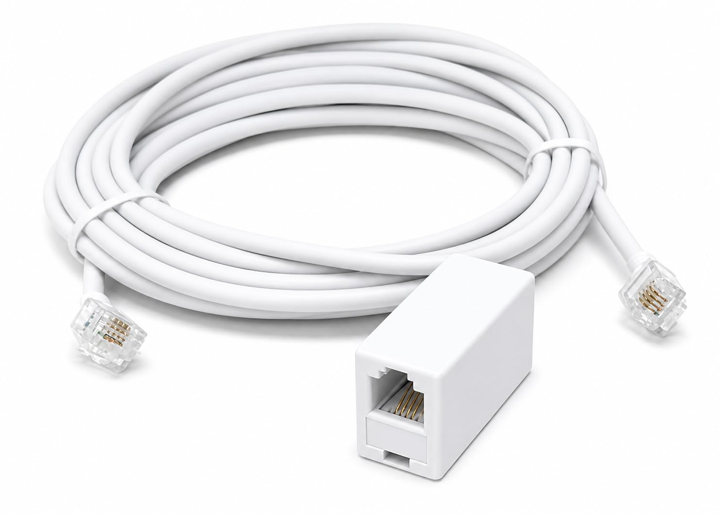 DRUT RJ11 to RJ11 ADSL 2+ Male to Male Cable with Female Coupler, BT Telephone, Broadband, Modem Extension Lead, Gold Plated Connectors