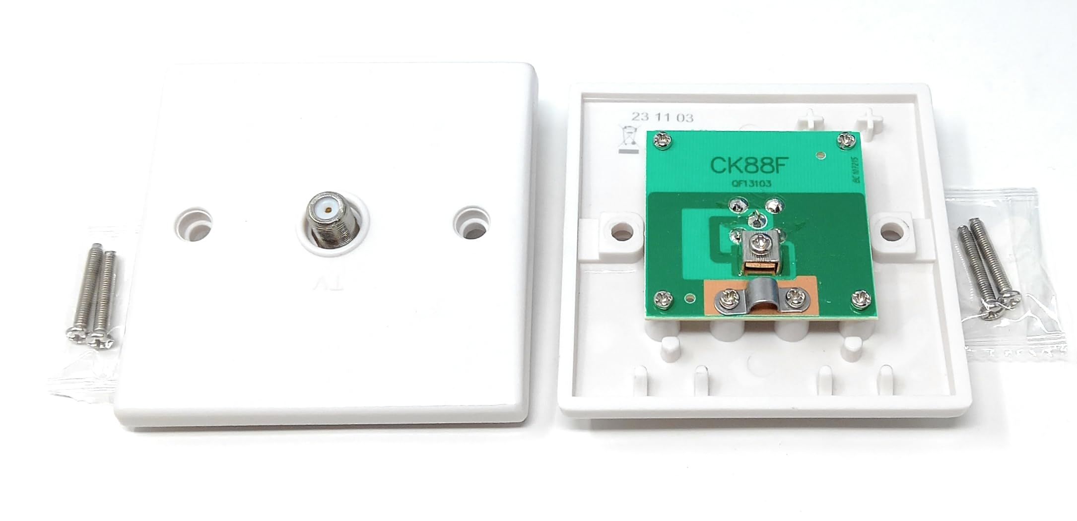 Single Gang TV, Satellite, Radio Outlet Wall Plate Faceplate – F-Type Male Screw Socket Connector, UK/EU Standard, White