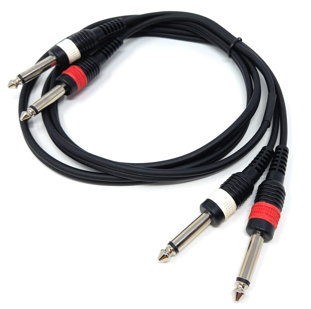 Twin 6.35mm Mono 2 x Jack to 2 x Jack Shielded Cable Lead, Rubber Reliefs, Helical PVC Cord, Nickel Connectors