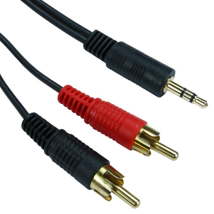 Black 3.5mm stereo jack to two RCA audio cable