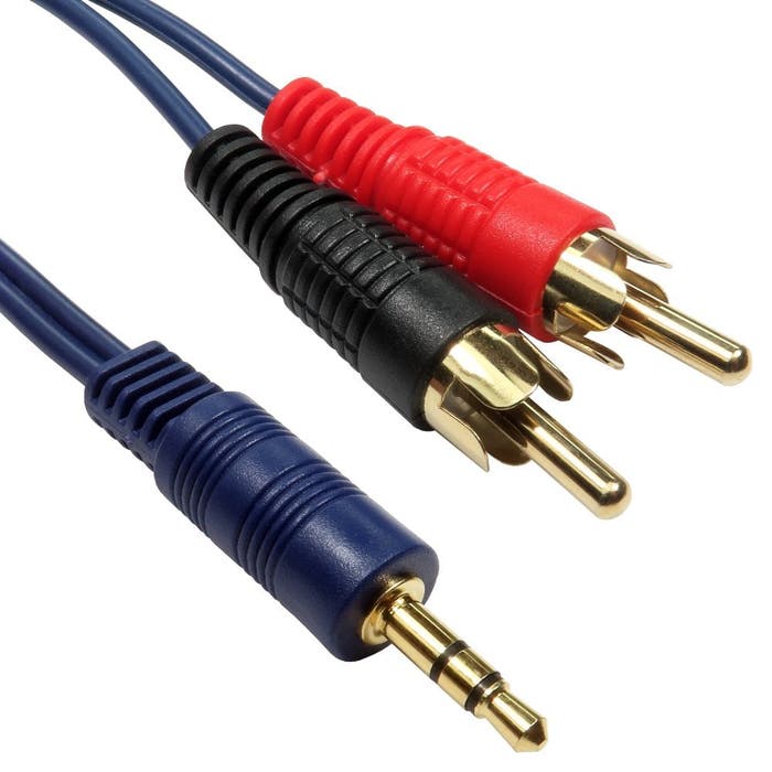 Blue 3.5mm stereo jack to two RCA audio cable