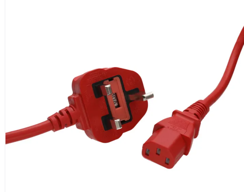 Red UK plug to IEC C13 power cable 2m