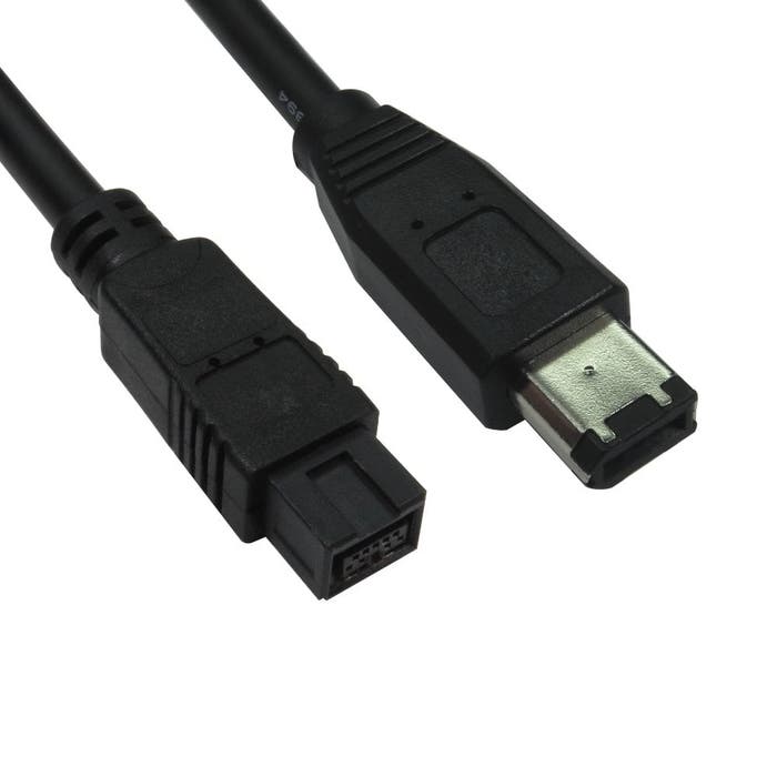 Black FireWire 9-pin male to 6-pin male cable