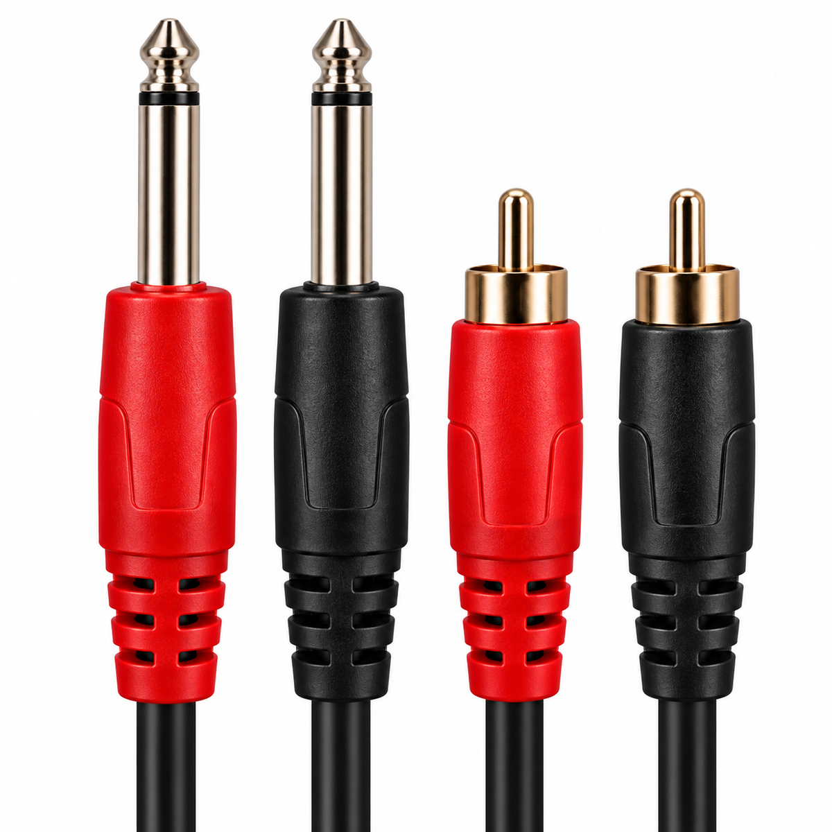 Two mono 6.35mm jack plugs and two RCA phono plugs on white background