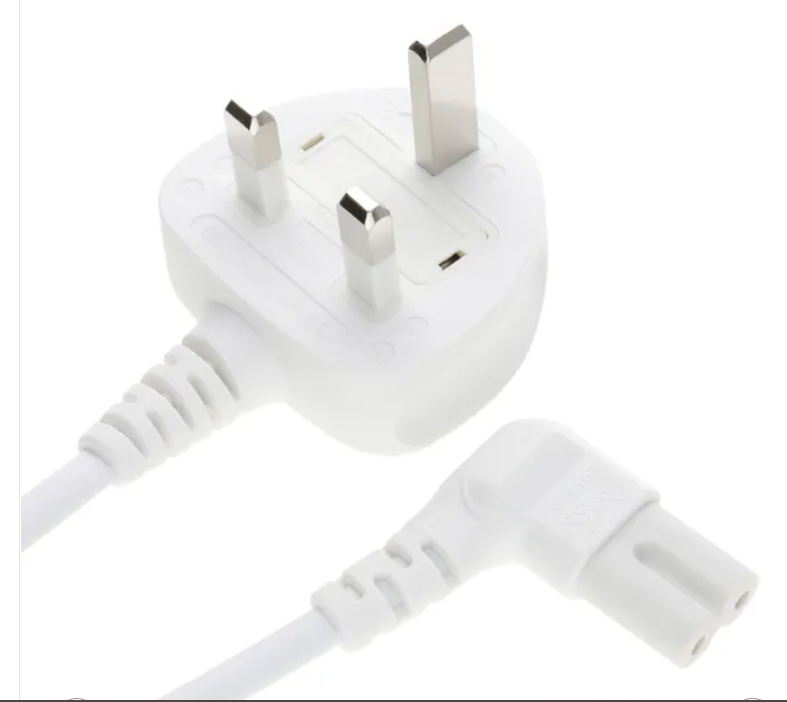 White UK plug to right angle C7 Figure 8 power cable
