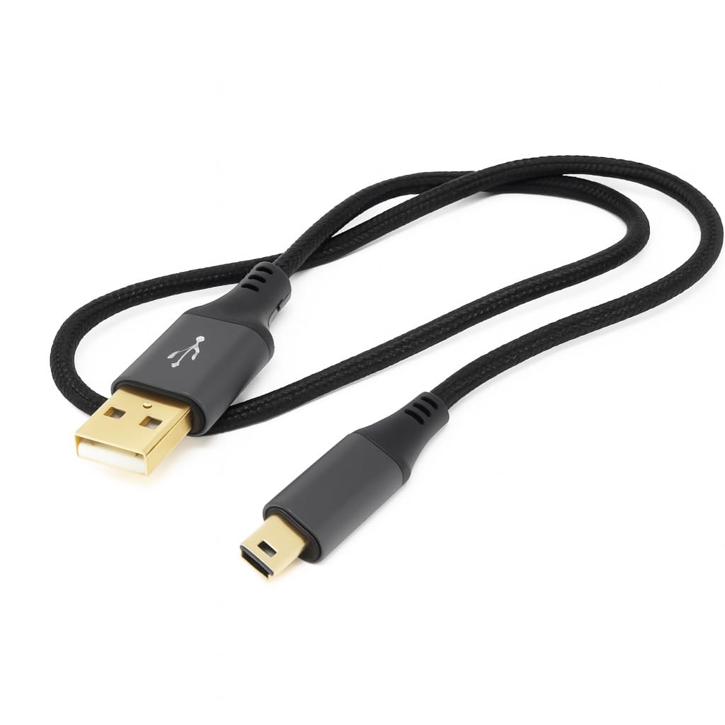 USB 2.0 A to Mini-B 5-Pin Braided Cable – Metal Ends, 24AWG Power & Data Lead, Hi-Speed Transfer